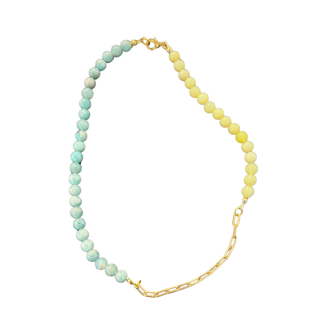 Trio Necklace – Paperclip Chain, Peruvian Amazonite & Olive Jade