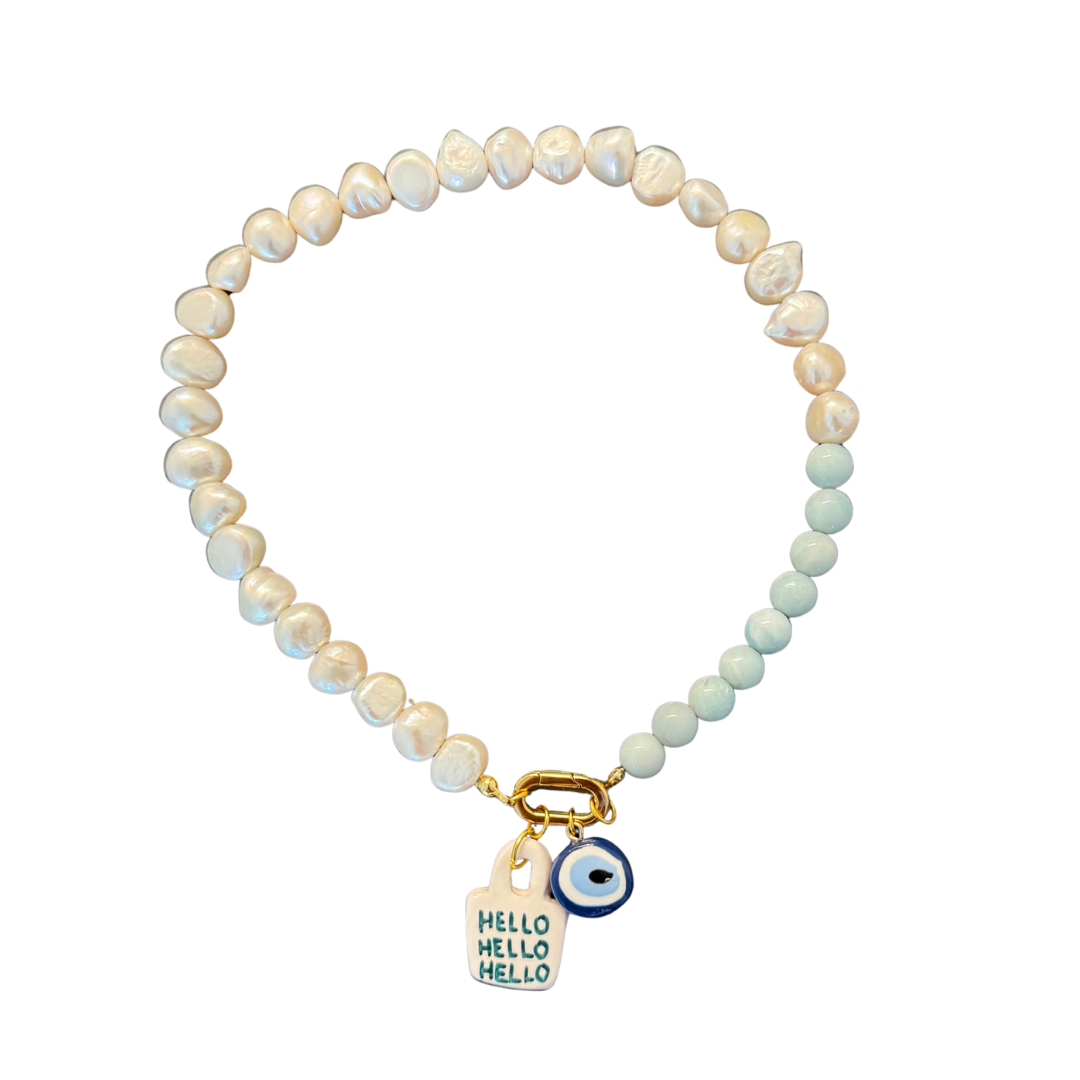 Bodrum Charm Necklace - Freshwater Pearls & Amazonite