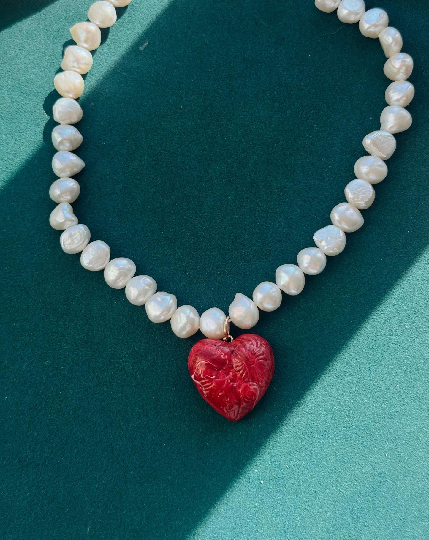 Pearl Necklace with Red Heart Pendant