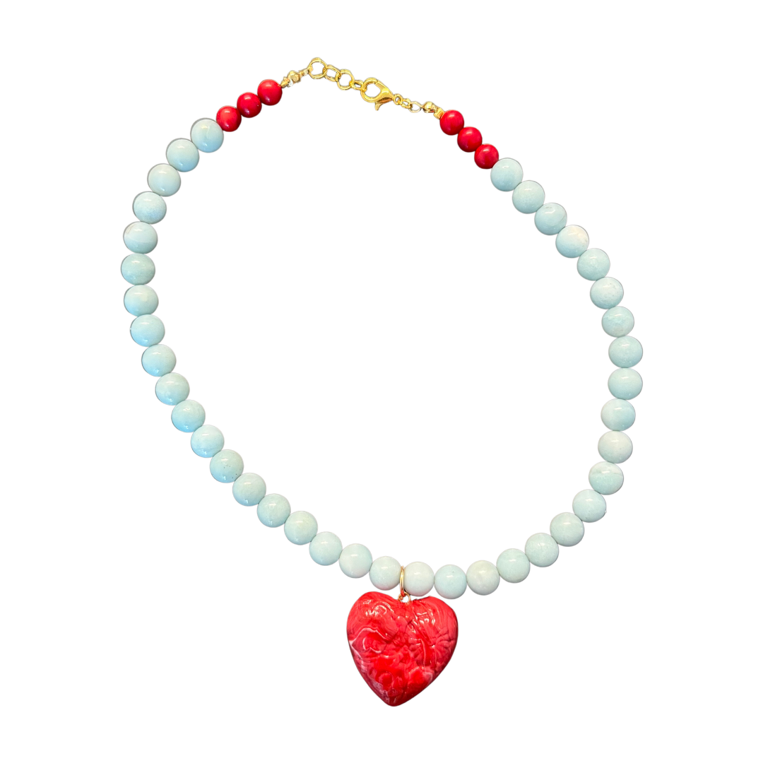 Bold Heart Necklace – Amazonite & Red Coral