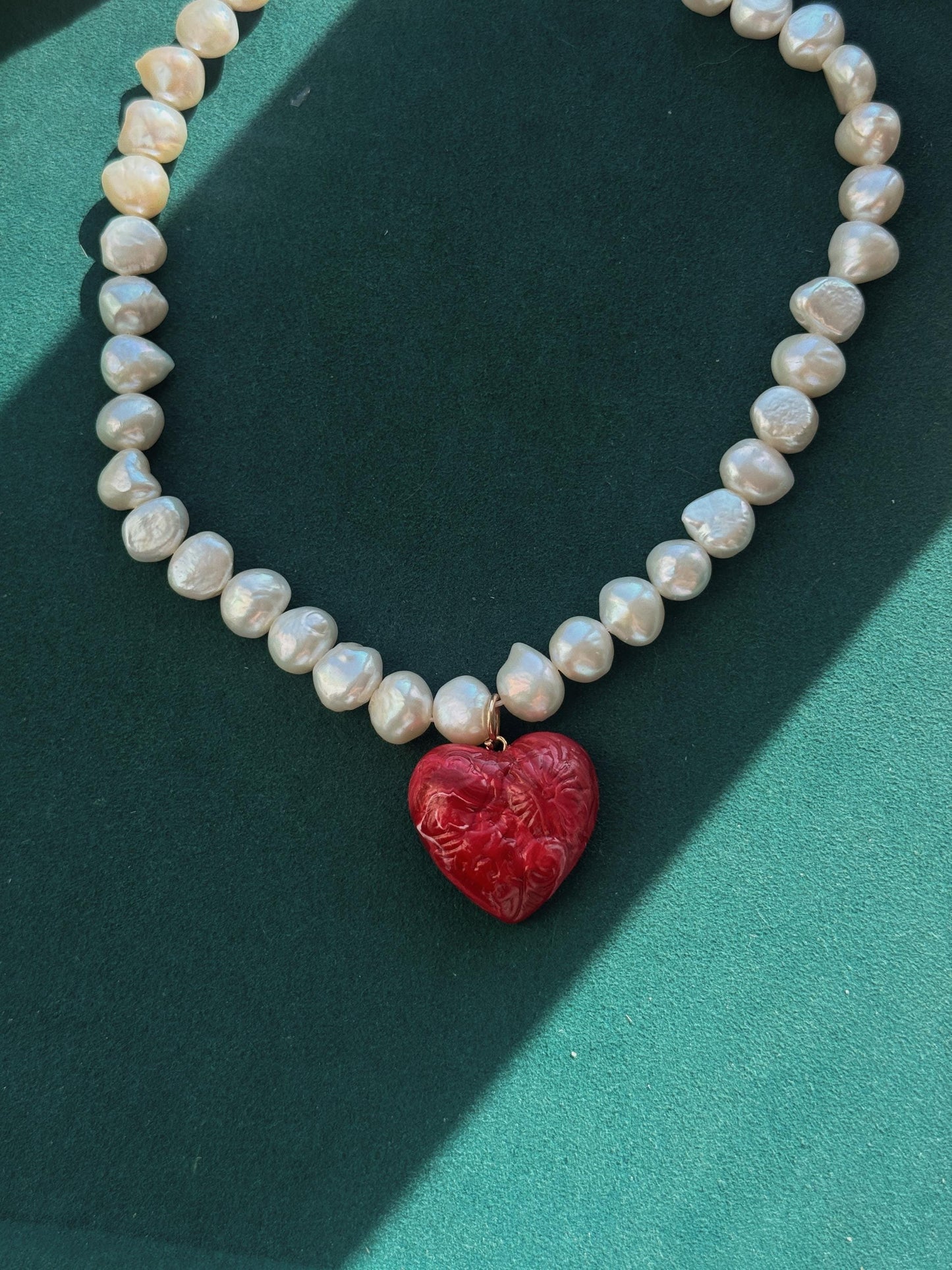 Pearl Necklace with Red Heart Pendant