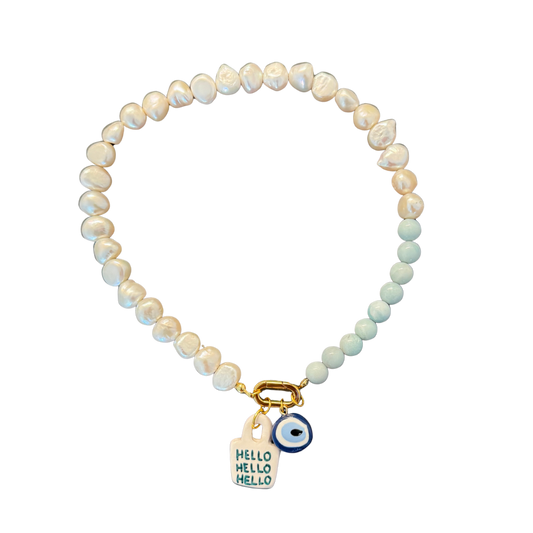 Bodrum Charm Necklace -  Freshwater Pearls & Amazonite