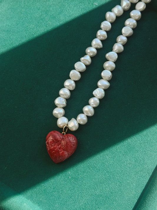 Pearl Necklace with Red Heart Pendant