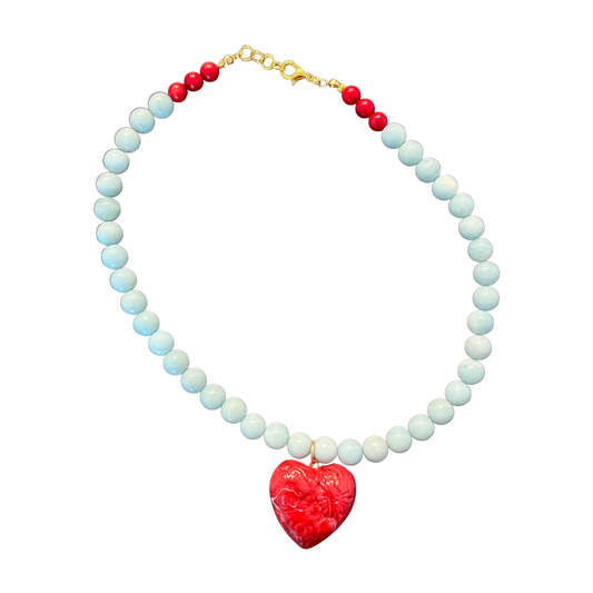 Bold Heart Necklace – Amazonite & Red Coral
