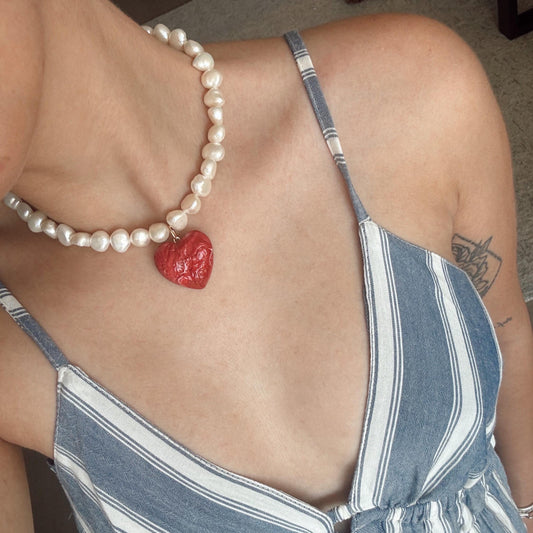 Pearl Necklace with Red Heart Pendant